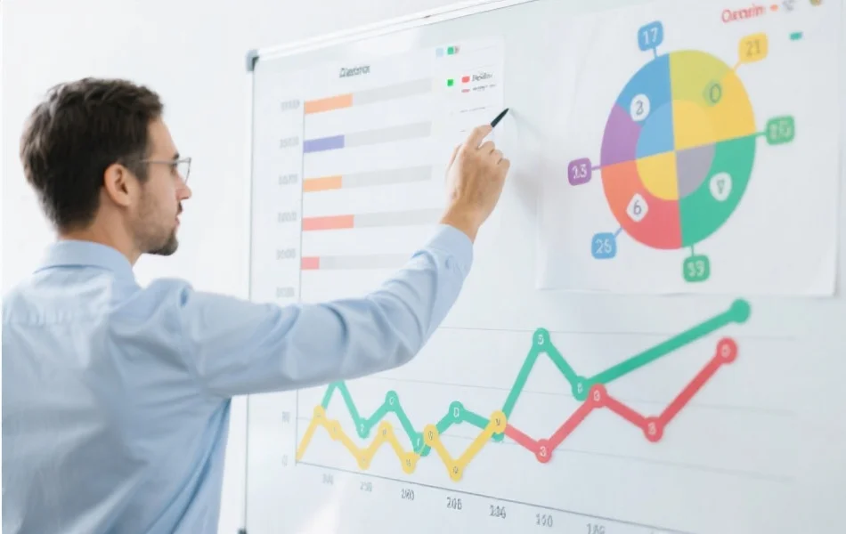 分析师在白板前用彩色图表和线条展示数字游戏的统计趋势与逻辑关系